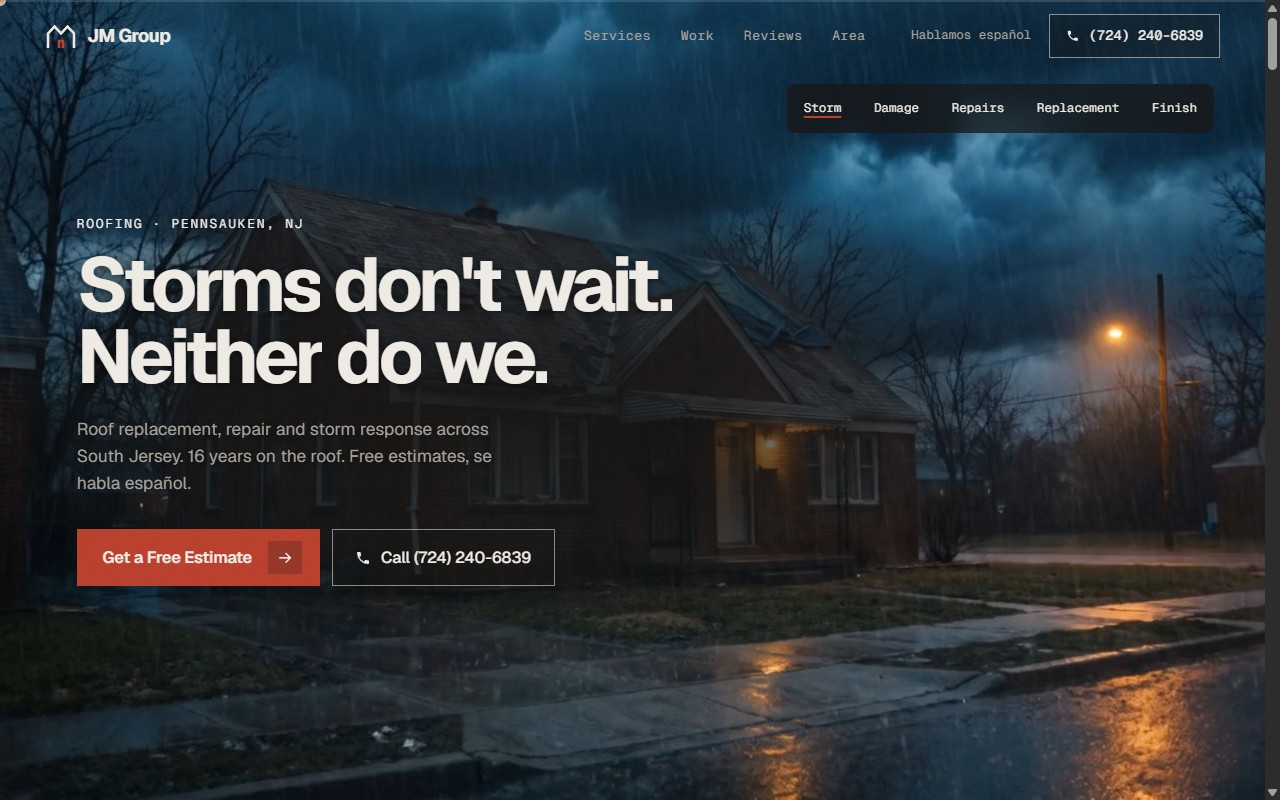 The JM Group Contractors site: a storm-lit house, a free estimate button and a tap-to-call number.