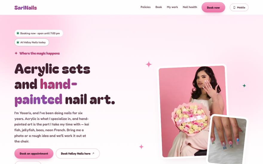 The SariNails studio site: nail art photography, a deposit and late-fee grid, and a booking button.